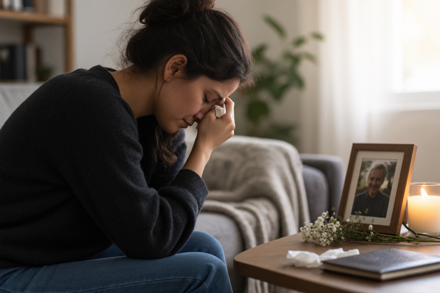 Persona llorando a un ser querido fallecido