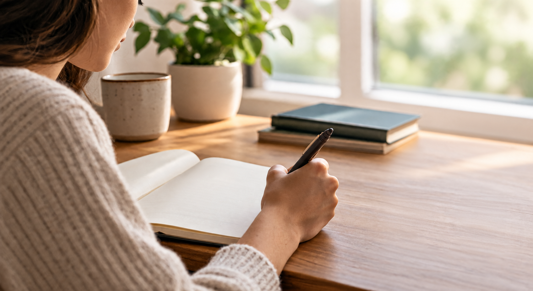 Persona con cuaderno abierto y bolígrafo sobre una mesa junto a una ventana
